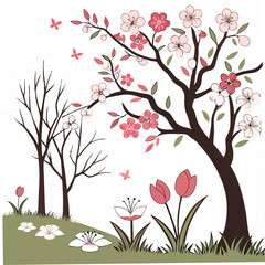 Spring blossoms, cherry tree, floral design, nature illustration