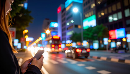 Fototapeta premium Urban Night Life with Mobile Device Use