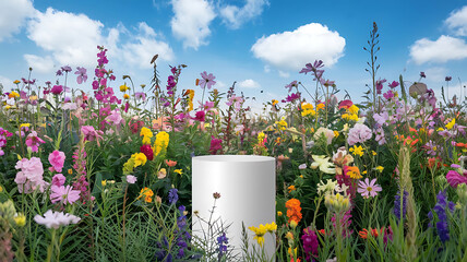 White cylinder podium in a vibrant wildflower meadow for natural product display. Spring or summer scene with blue sky