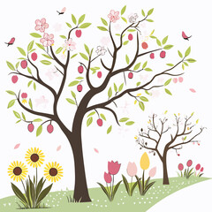 Spring blossoms sunflowers tulips butterflies garden