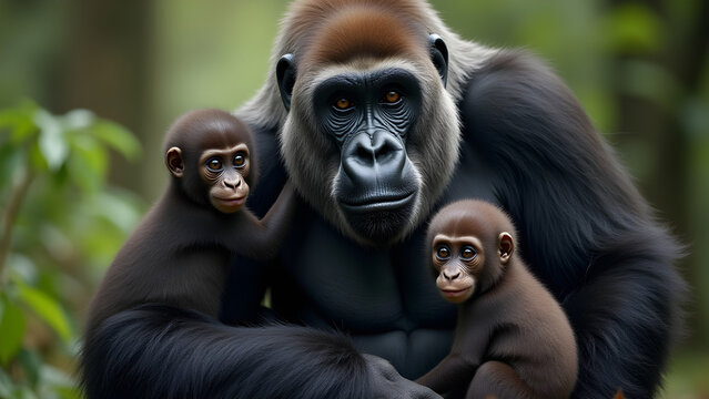 Gorilla Family Portrait. Adult Gorilla and Two Baby Gorillas. Forest Animal Family. Monkey looking at the Camera. Wildlife and Foliage.