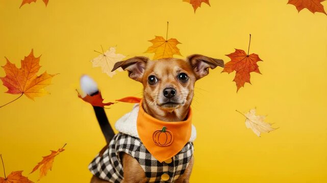 Adorable Dog in Autumn Outfit with Falling Leaves - A cute small brown dog, wearing a stylish black and white checkered jacket and an orange bandana with a pumpkin pin