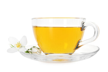 Aromatic jasmine tea in glass cup and flowers isolated on white
