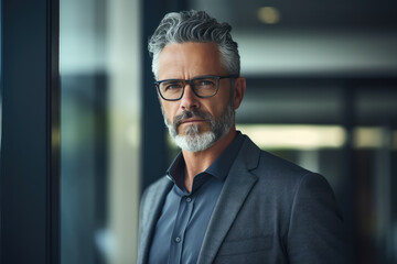 Naklejka premium A distinguished businessman with gray hair and glasses exudes confidence in a contemporary office, highlighting the blend of professionalism and contemporary aesthetics.