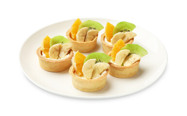 Tartlets with fruits isolated on white. Delicious dessert