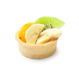 Tartlet with orange, banana and kiwi isolated on white. Delicious dessert