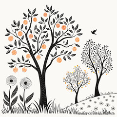 Stylized black trees orange fruit dandelions bird white background