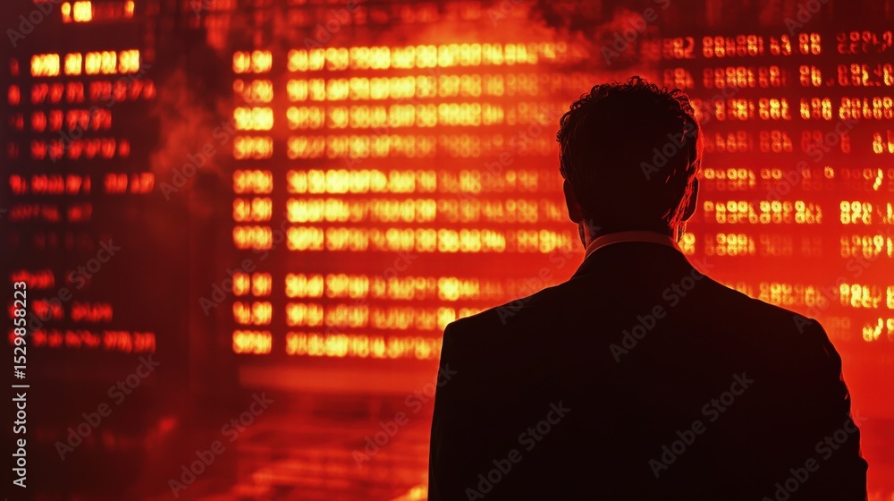 Poster a man views data displayed on glowing financial screens
