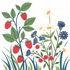 Summer meadow raspberries daisies cornflowers floral design