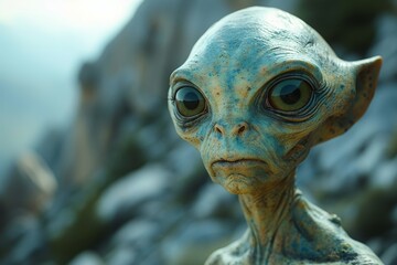 A curious alien being gazes intently at the viewer amidst a rocky landscape, artfully capturing the essence of extraterrestrial life and the mysteries of the universe.