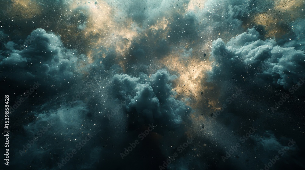 Poster a captivating image of swirling cosmic clouds interspersed with glimmers of starlight, evoking feeli