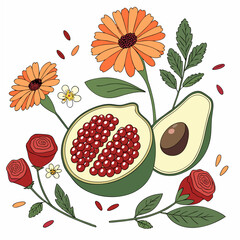 Vibrant floral and fruit composition with clean cutouts