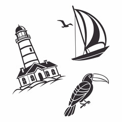 Lighthouse seascape sailboat toucan coastal scene