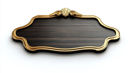 Clean modern elegant dark wood sign with gold shiny trim isolated on white background. 3D Illustration.