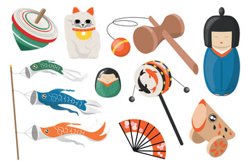 Set of traditional Japanese toys in cartoon style.Vector illustration: spinning top, maneki-neko, kendama, koinobori,daruma doll,den-den-daiko,wooden toy,fan,kokeshi doll isolated on white background.