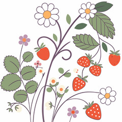 Strawberry plant with daisies and flowers illustration
