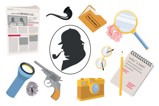 Set of detective characters in cartoon style. Vector illustration: newspaper, tube, folder, flashlight, magnifying glass, fingerprints, camera, fan, glasses, notepad, gun isolated on white background.