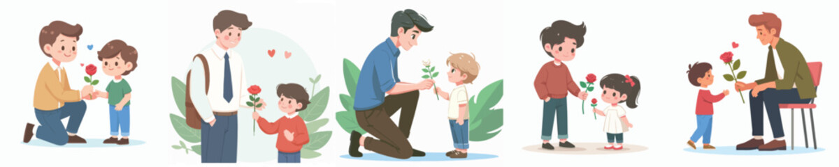 vector of young man giving roses to little boy