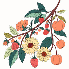 Fototapeta premium Blooming branch with raspberries peaches and flowers