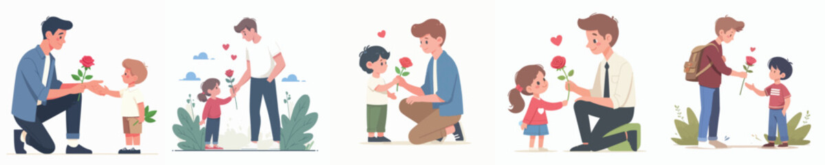 vector of young man giving roses to little boy