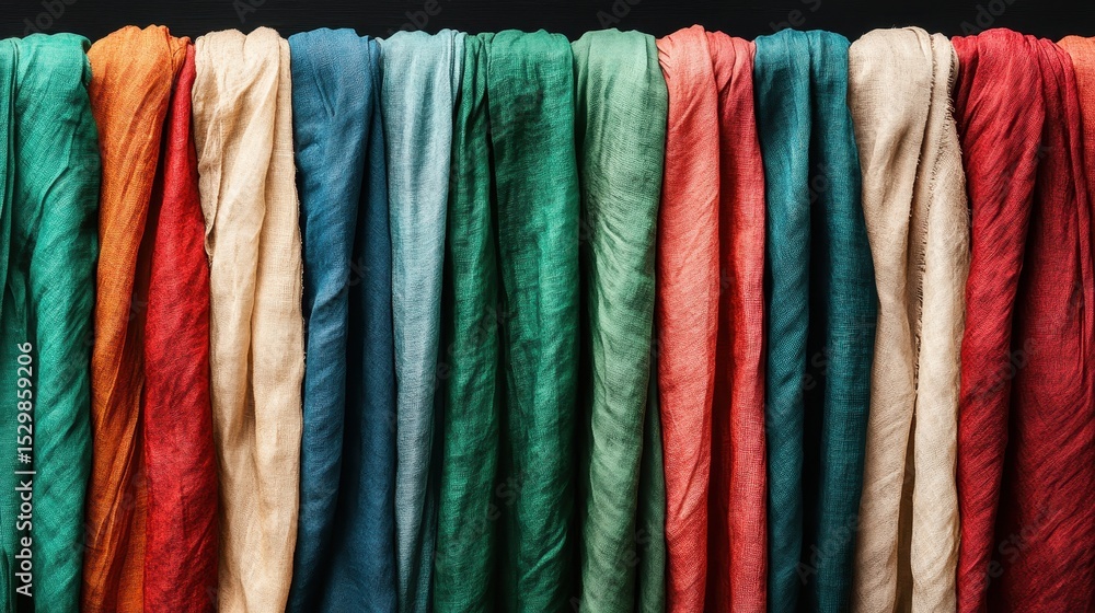 Poster this image features an array of beautifully arranged textured fabrics in various colors, highlightin