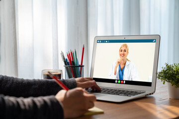 Doctor video call online by modish telemedicine software application for virtual meeting with...