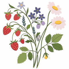 Vibrant strawberry and wildflower bouquet illustration