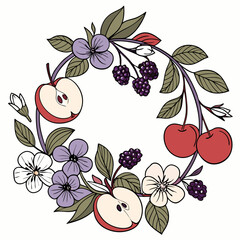 Apple cherry blackberry floral wreath design element © RABBY