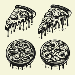 Black and white flat vector logo of whole pizza and slices. Minimalist design ideal for pizzerias, menus, packaging, or food delivery branding.