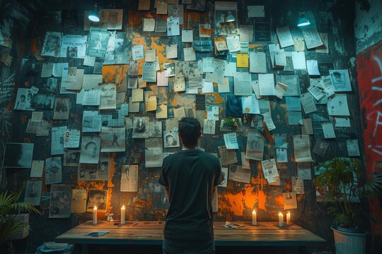 A moody and mysterious scene showcasing a wall covered in notes and photographs, illuminated by soft candlelight, evoking intrigue and storytelling through personal messages.