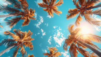 A beautiful overhead view of palm trees reaching towards a bright blue sky, evoking emotions of peace, relaxation, and the essence of a tropical paradise.