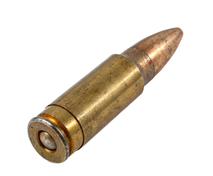 Isolated rifle bullet ammunition brass casing projectile firearm cartridge weapon military round ammo 100