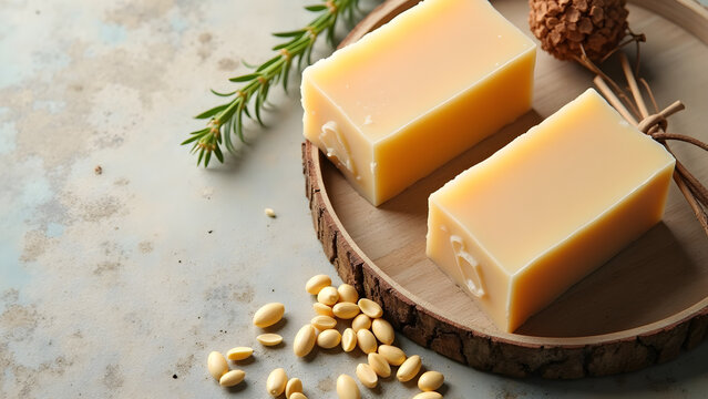 Handmade soap bars with natural ingredients on textured background with organic mood and copy space