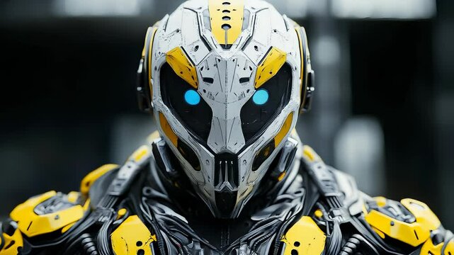Futuristic soldier in high-tech armor with yellow accents, standing ready for battle