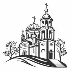 Orthodox church on hilltop scenic illustration