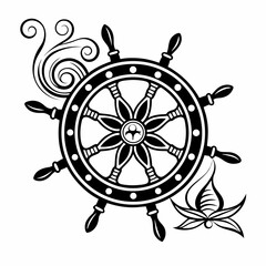 Obraz premium Nautical ship wheel with swirls and floral design