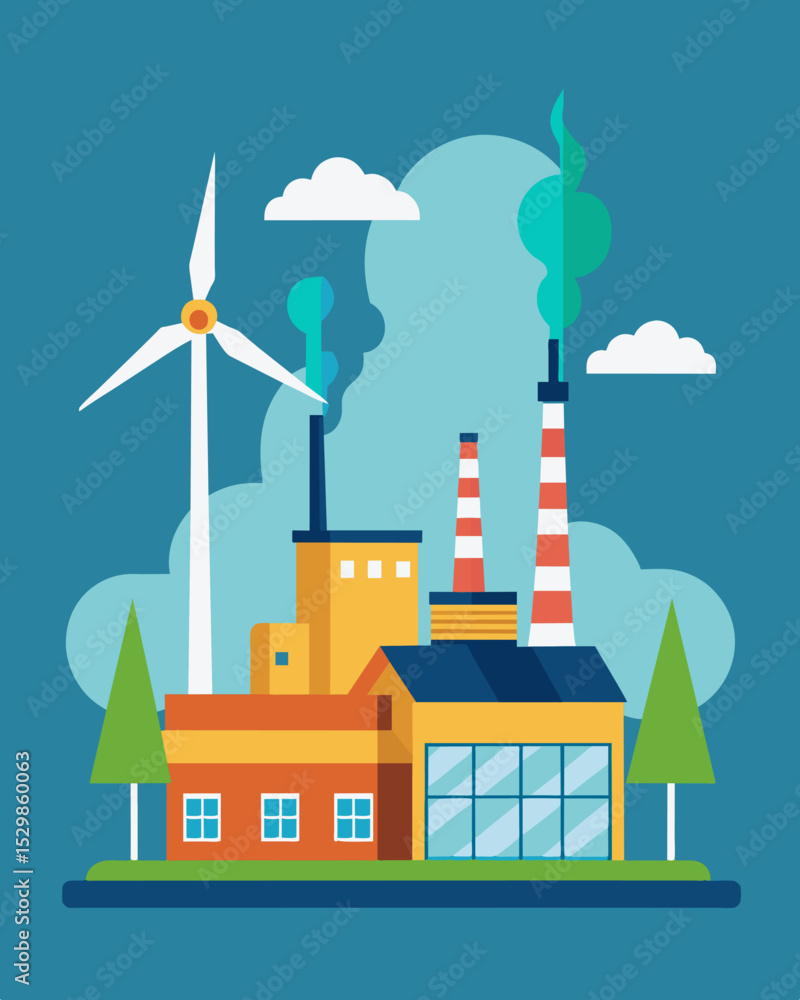 Poster a factory powered by wind turbines reducing their carbon emissions and setting an example for other 