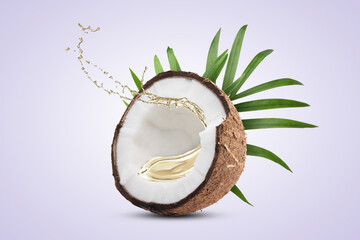 Coconut oil splashing out of nut on light background