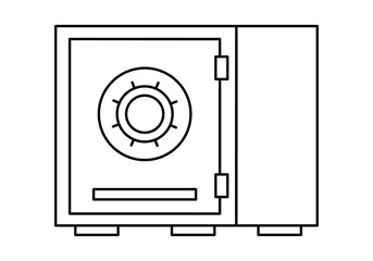 Hand drawn cute outline illustration closed safe. Flat vector strongbox line art sticker doodle. Financial literacy or safety icon. Money protection. Bank deposit or savings. Security system. Isolated