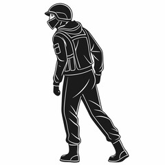 Professional soldier silhouette walking isolated on white