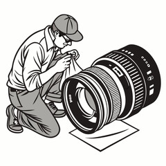 Professional photographer cleaning camera lens isolated