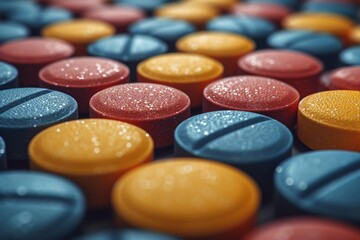 This stunning close-up reveals a vibrant array of colorful pills adorned with tiny droplets of water, showcasing the essence of pharmaceutical design and beauty.