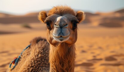 Obraz premium A charming camel smiles at the camera in a vast golden desert, embodying the serene beauty of arid landscapes and the connection between nature and resilience.