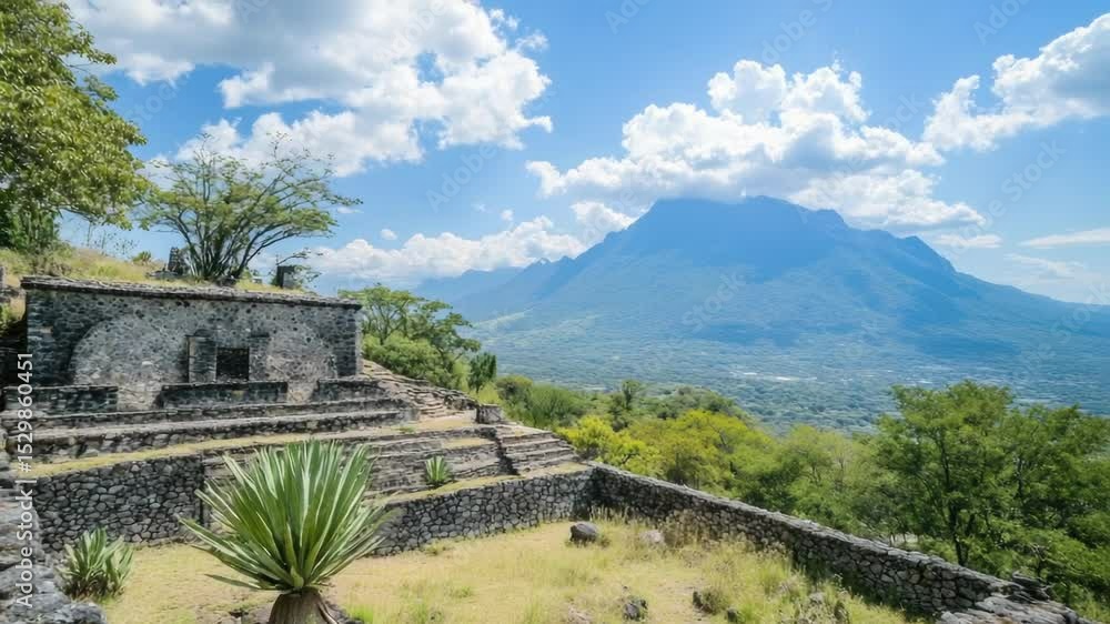 Poster a mountain landscape with a building on top, suitable for use in architecture, nature or travel proj