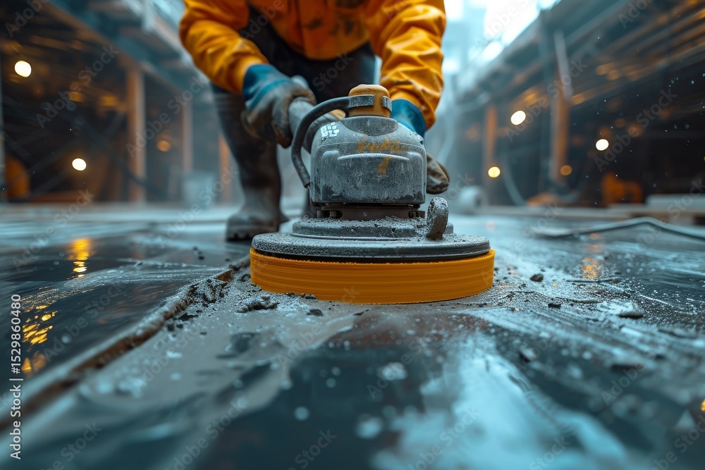 Aufkleber a close-up view of a person using a power sander to smooth a floor, emphasizing the intense work inv