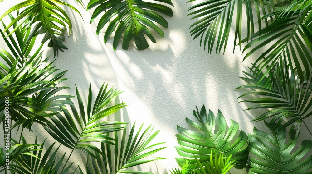 Poster a vibrant arrangement of lush green tropical leaves showcases their intricate shapes and textures, c