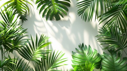 Obraz premium A vibrant arrangement of lush green tropical leaves showcases their intricate shapes and textures, creating a refreshing and inviting atmosphere for any space.