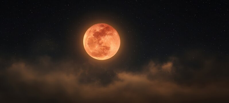The mesmerizing orange moon illuminating the night sky amidst scattered clouds.