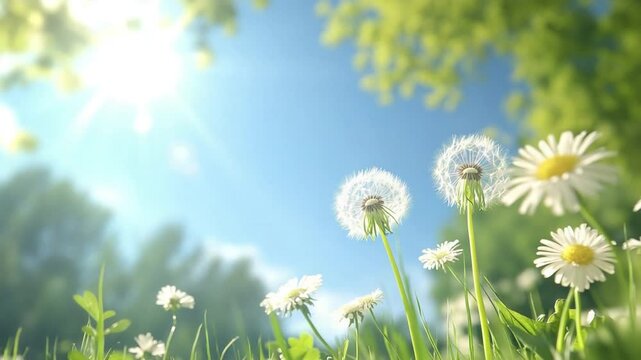 Dandelion and Daisy Field Under Bright Sunshine: Gentle breeze rustles through a field of delicate daisies and dandelions, with vibrant green grass, set against a vivid blue sky.