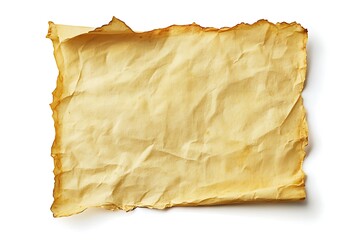 Crumpled Parchment Paper Sheet with Burnt Edges on a White Background